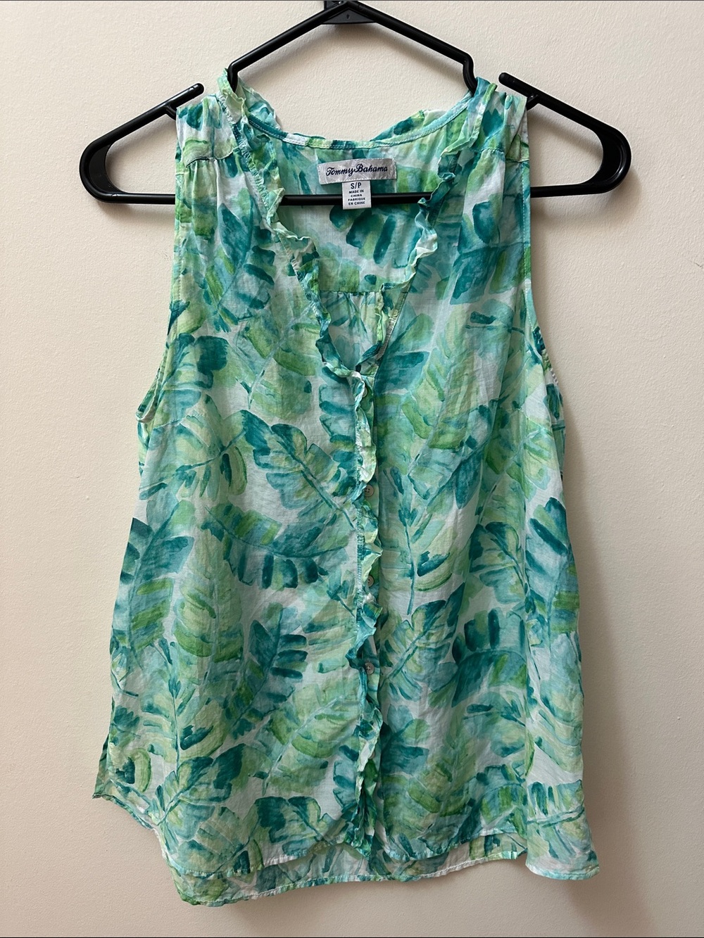 Tommy Bahama Teal and Light Green Leaf Print Sleeveless Camisole